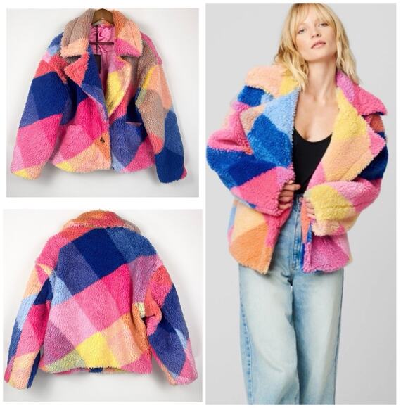 BLANKNYC Women’s L Colorblock Sherpa Teddy Jacket Rainbow Patchwork Oversized - Picture 6 of 10